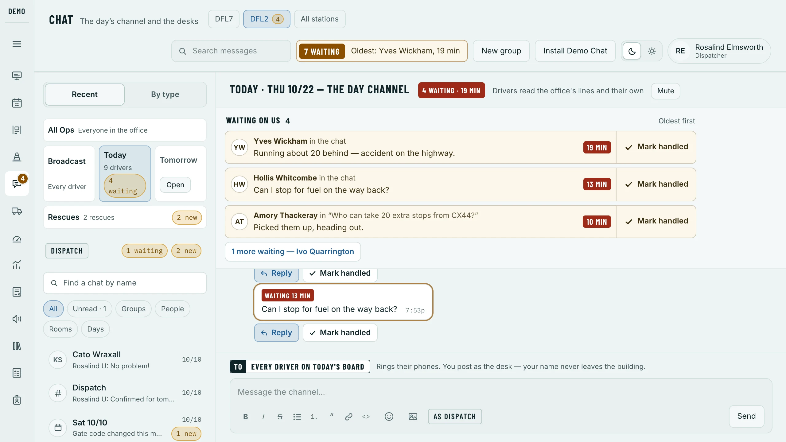 One chat at a time: the list on the left, one chat beside it.