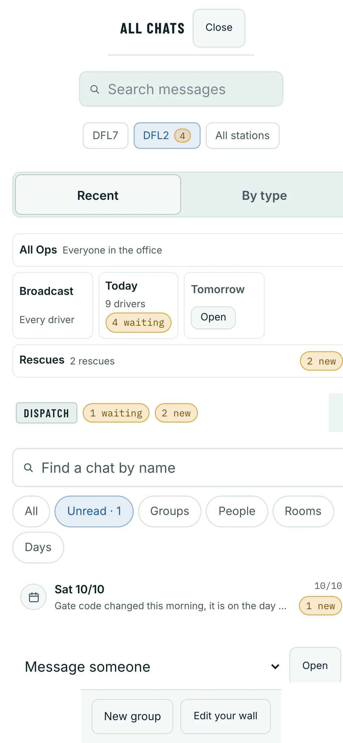 The wall on a phone opens on All: every chat, its count, the search and your stations.