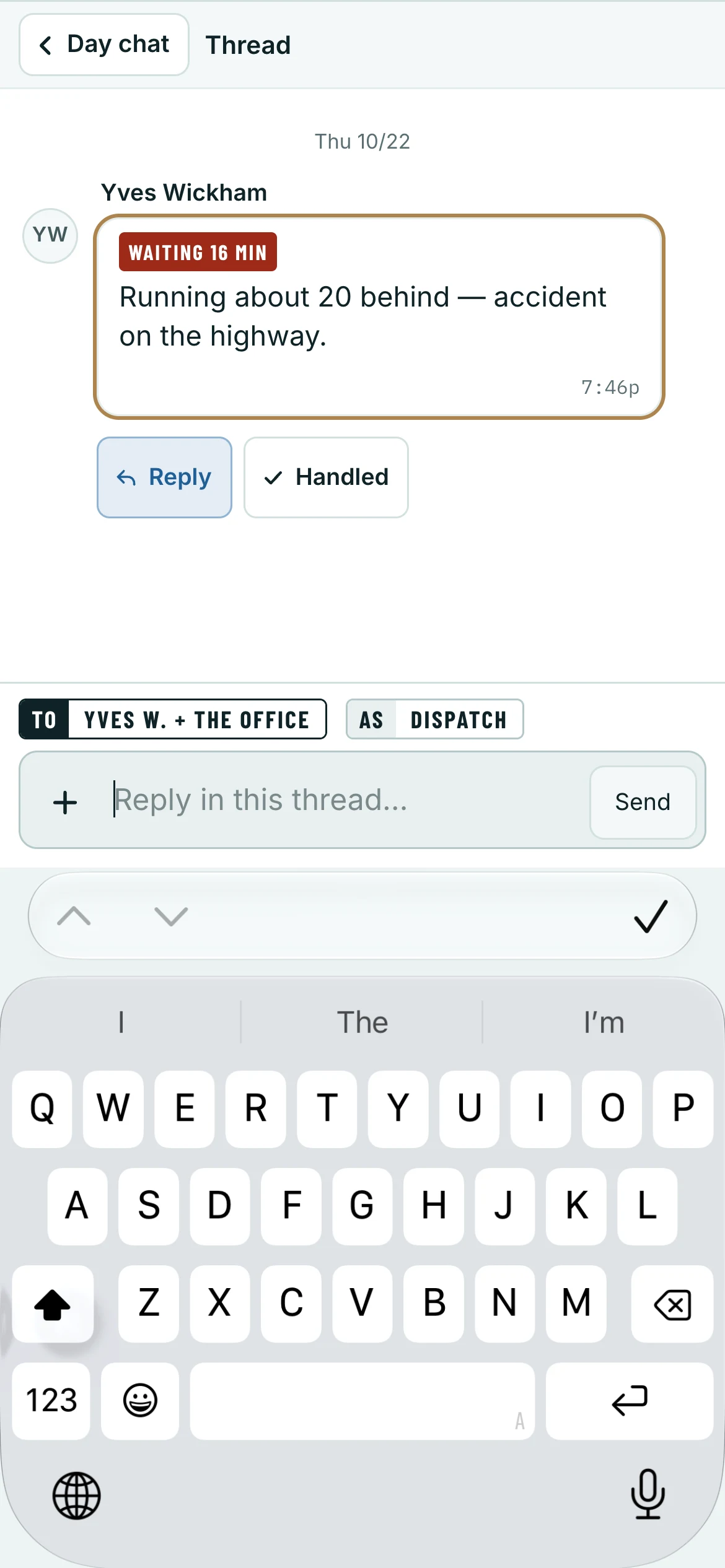 One tap on a driver: their message, the box, and the keyboard up.