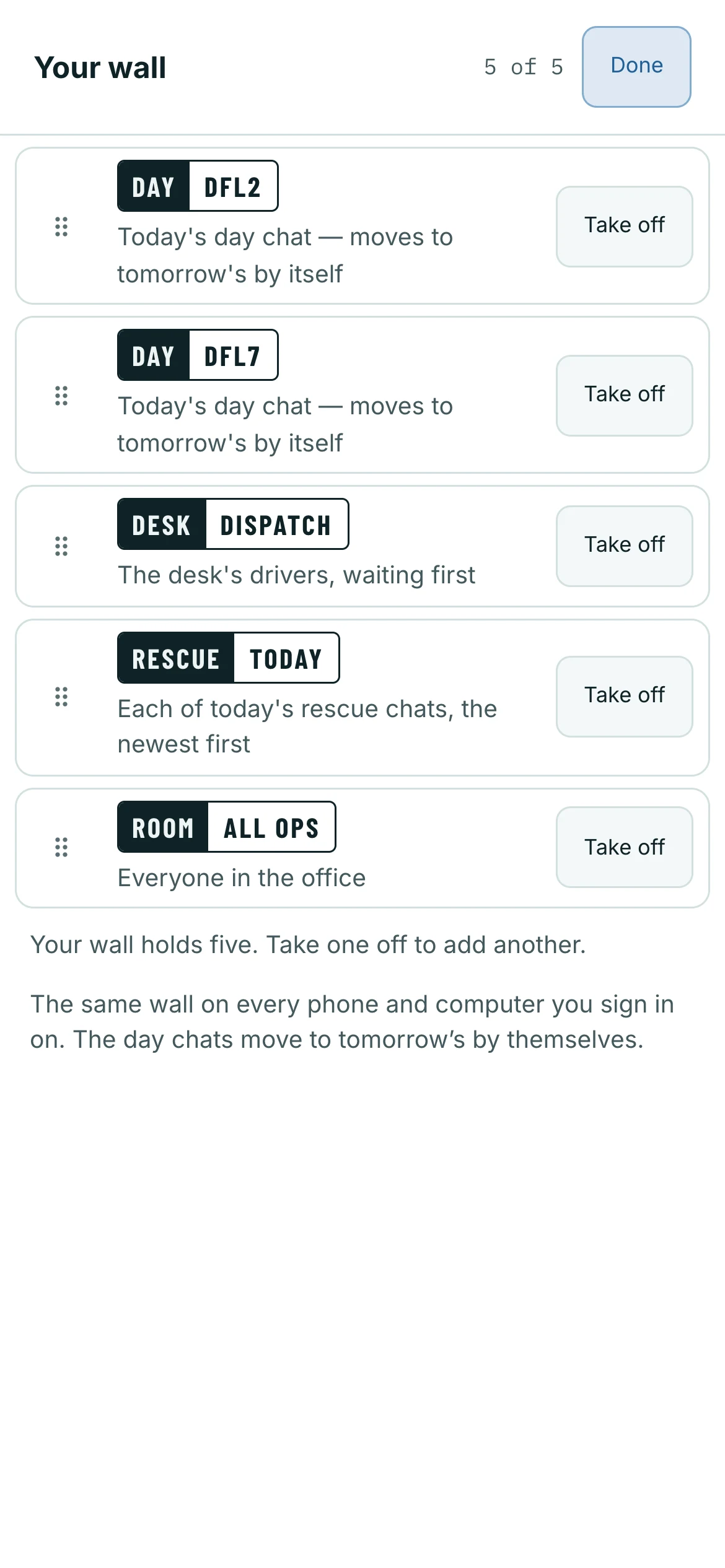 Edit your wall: drag to reorder, Take off, then Done.