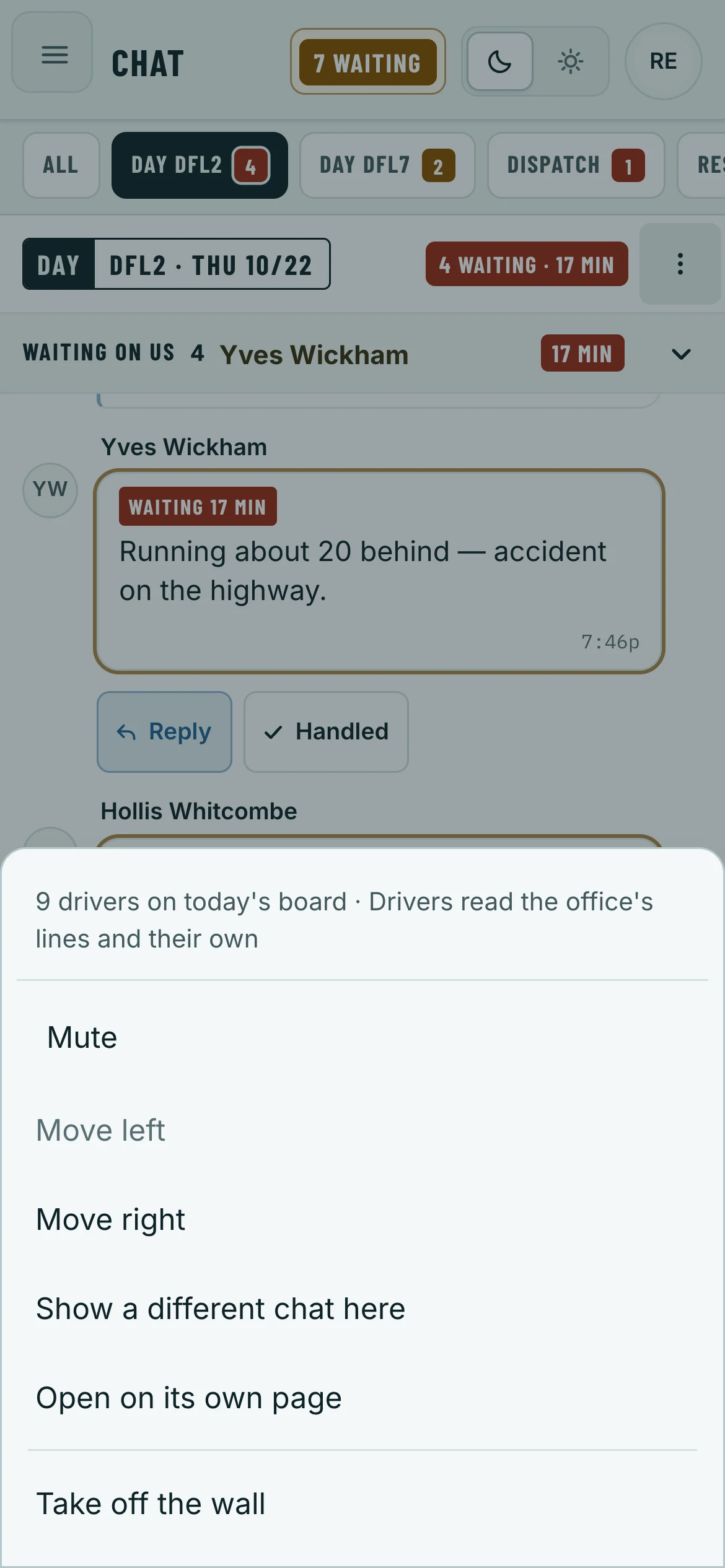 The ⋮ beside a chat’s name: its menu, from the bottom of the screen.