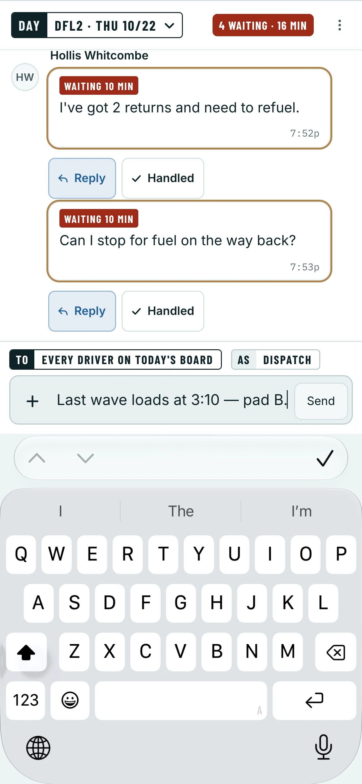 Typing: the chat keeps the screen, and Send stays above the keys.