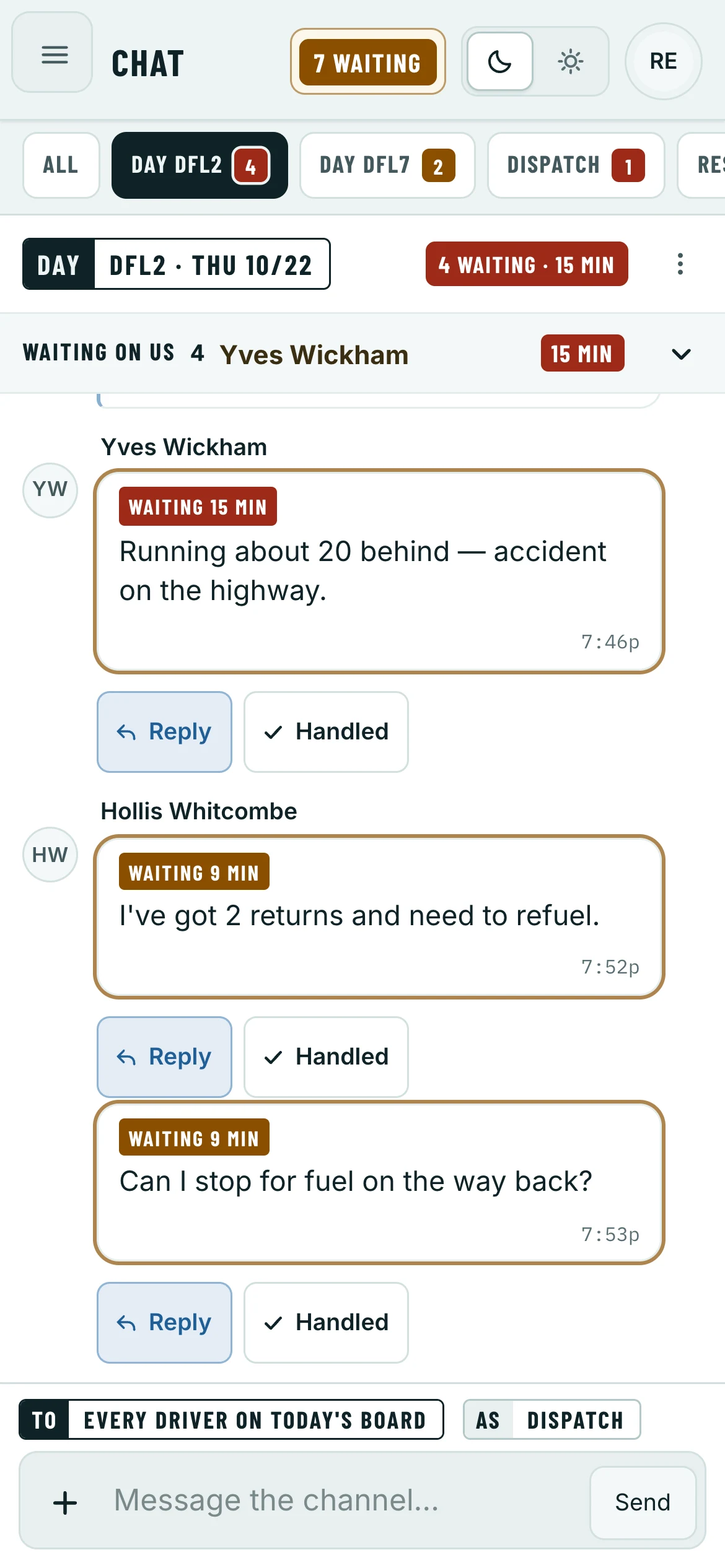 Tap a chat and it fills the screen. The tabs along the top are your wall.