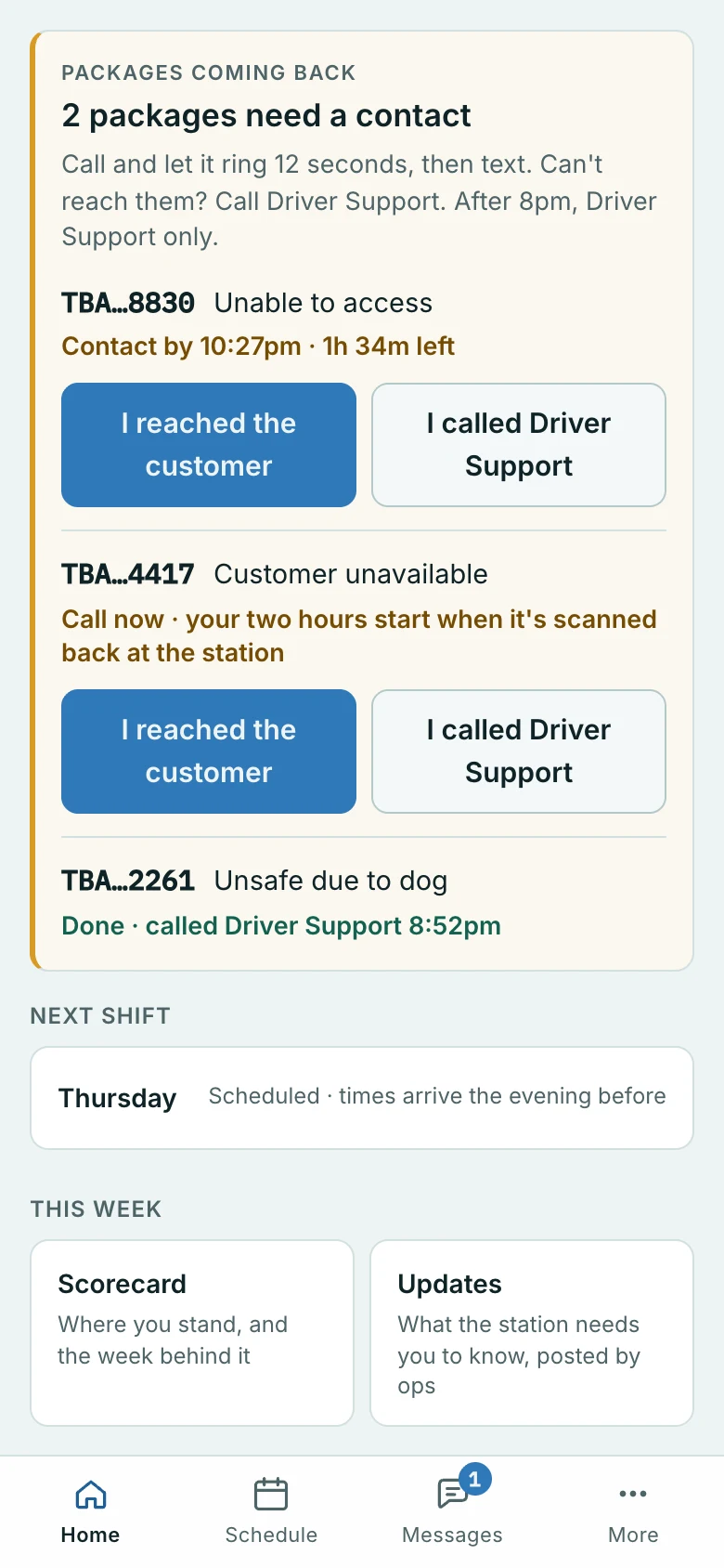 A driver's Home the same evening: a line per package, its reason and its deadline, and two presses for each.