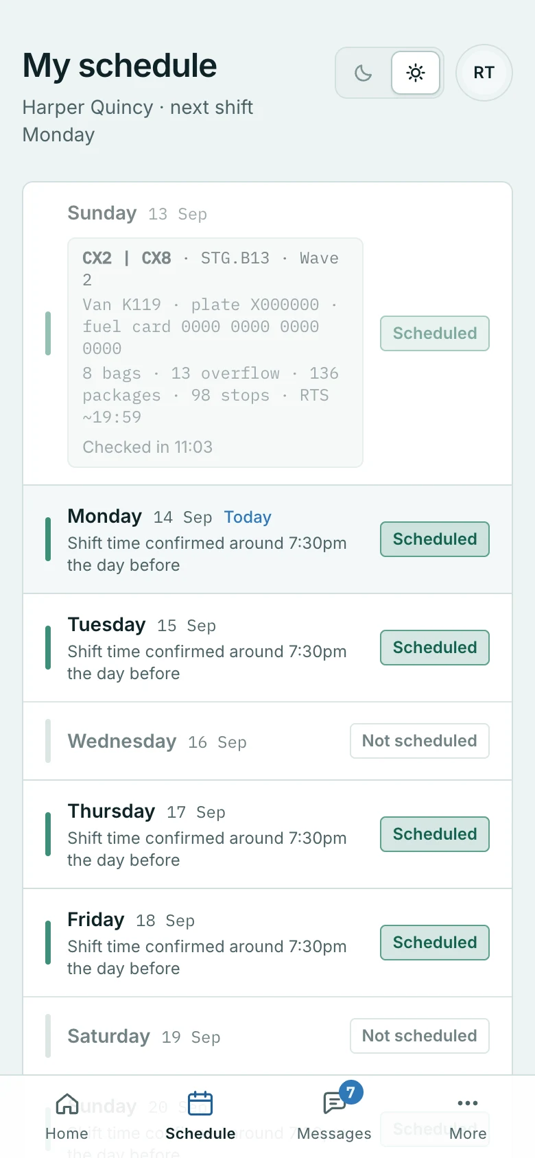 A driver’s week on their own phone. Their day, their van, their route — and nothing about anybody else.