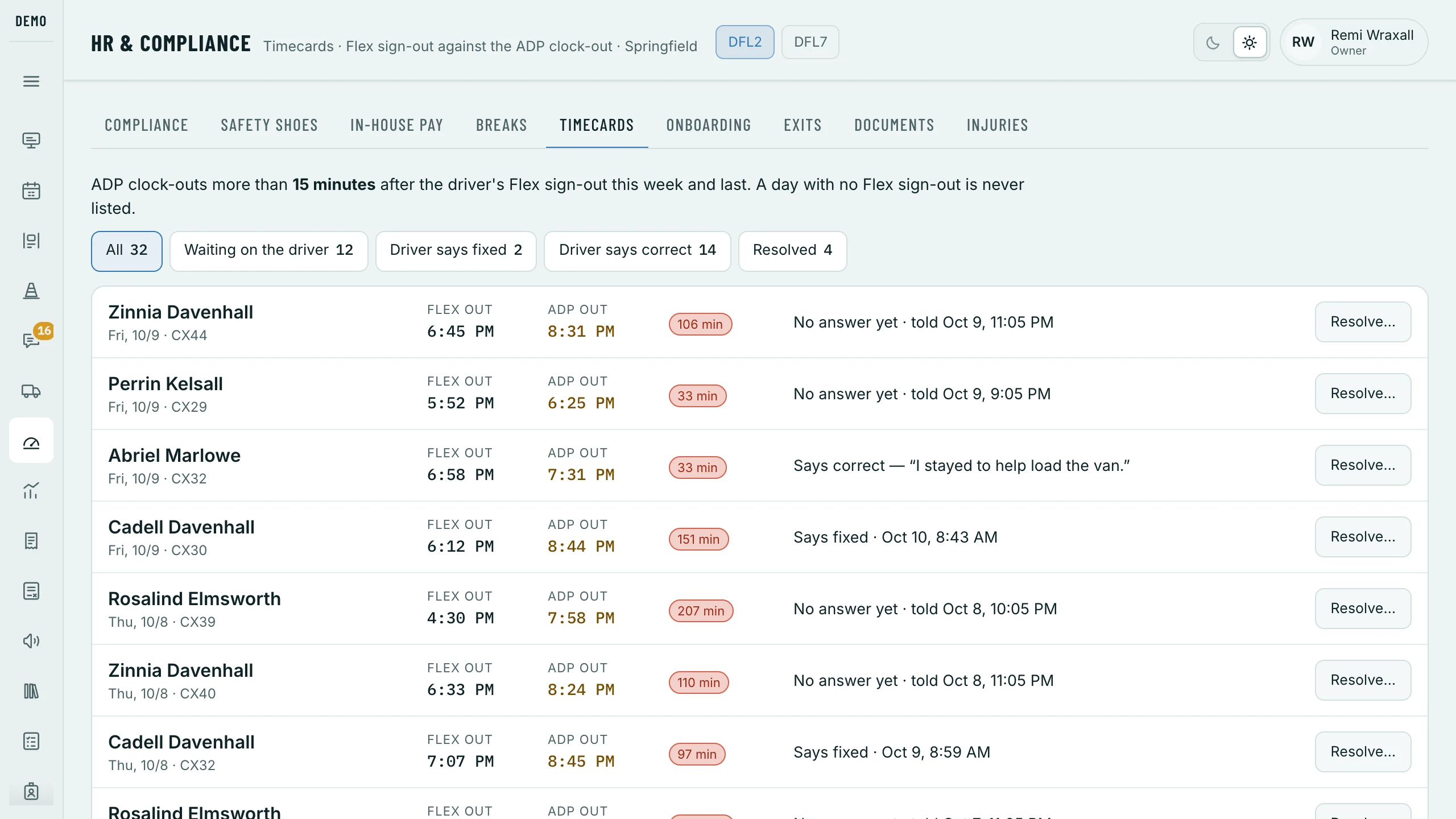 HR and Compliance, Timecards: payroll clock-outs long after the Flex sign-out, and what each driver said