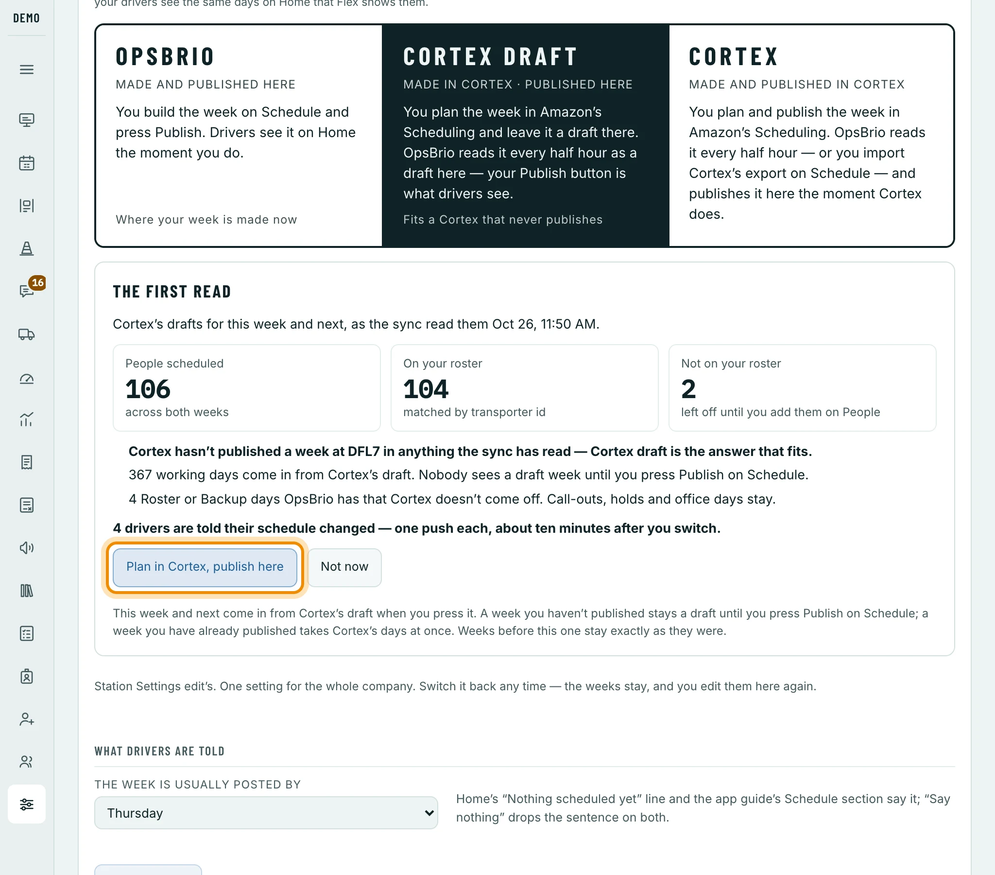 CORTEX DRAFT clicked: THE FIRST READ — who Cortex schedules, what comes in and what comes off — the bold line saying who is told, and Plan in Cortex, publish here, circled.